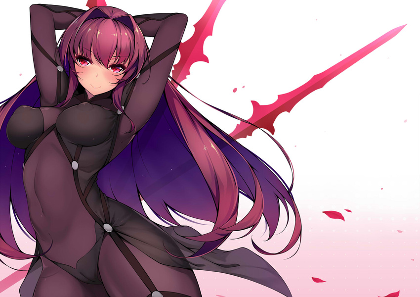 armpits arms_up blush bodysuit breasts covered_navel dean fate/grand_order fate_(series) gae_bolg highres large_breasts long_hair looking_at_viewer polearm purple_bodysuit purple_hair red_eyes scathach_(fate)_(all) scathach_(fate/grand_order) spear weapon