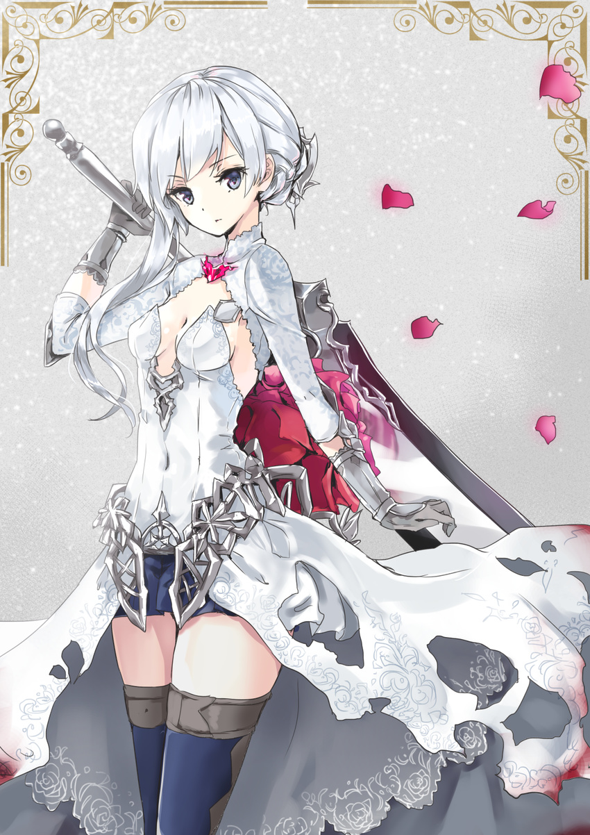 asymmetrical_hair bangs blue_legwear blue_skirt closed_mouth commentary_request covered_navel dress eyebrows_visible_through_hair gloves grey_gloves grey_hair highres holding holding_sword holding_weapon long_hair looking_at_viewer miniskirt petals pleated_skirt shironeko_yuuki sinoalice skirt snow_white_(sinoalice) solo sword thighhighs thighs weapon white_dress