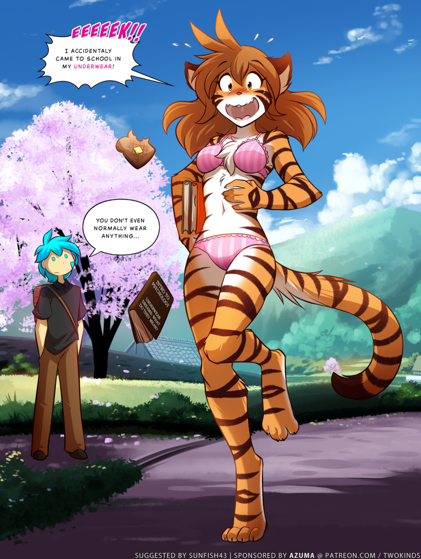2019 anthro backpack barefoot biped black_fur blue_hair blush book bra bread breasts brown_hair butter chest_tuft clothed clothing detailed_background dialogue digitigrade duo embarrassed english_text feline female flora_(twokinds) food fur hair hi_res holding_object human humor japanese keidran lingerie male mammal midriff mostly_nude nonchalant one_leg_up open_mouth orange_fur outside pantherine panties patreon screaming signature skimpy sky striped_fur stripes sweat text tiger toast tom_fischbach trace_legacy tree tuft twokinds underwear webcomic