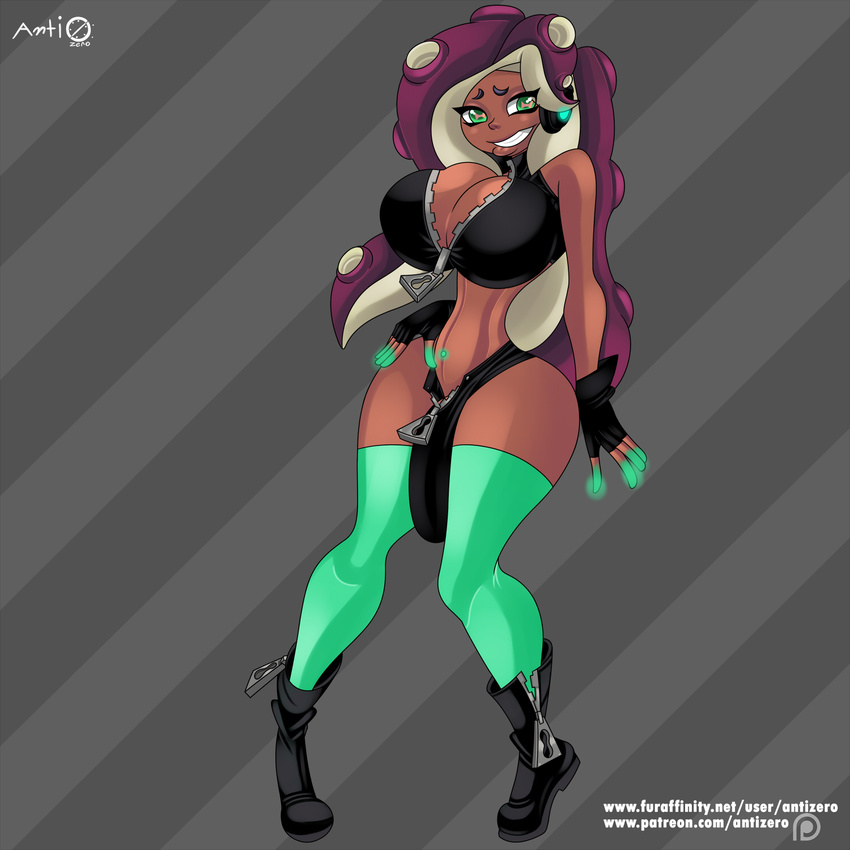 antizero balls bbc big_breasts big_penis big_testicles breasts cleavage clothed clothing dark_skin dickgirl embarrassed female intersex marina_(splatoon) nintendo octoling penis smile solo splatoon video_games wardrobe_malfunction