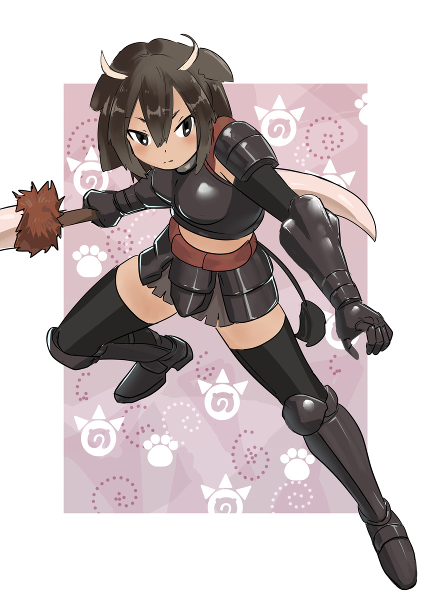american_bison_(kemono_friends) animal_ears armor armored_boots bison boots brown_hair full_body gauntlets gloves highres horn_lance horns japari_symbol kemono_friends momosuke_(ishakry) polearm short_hair solo spear tail thighhighs weapon