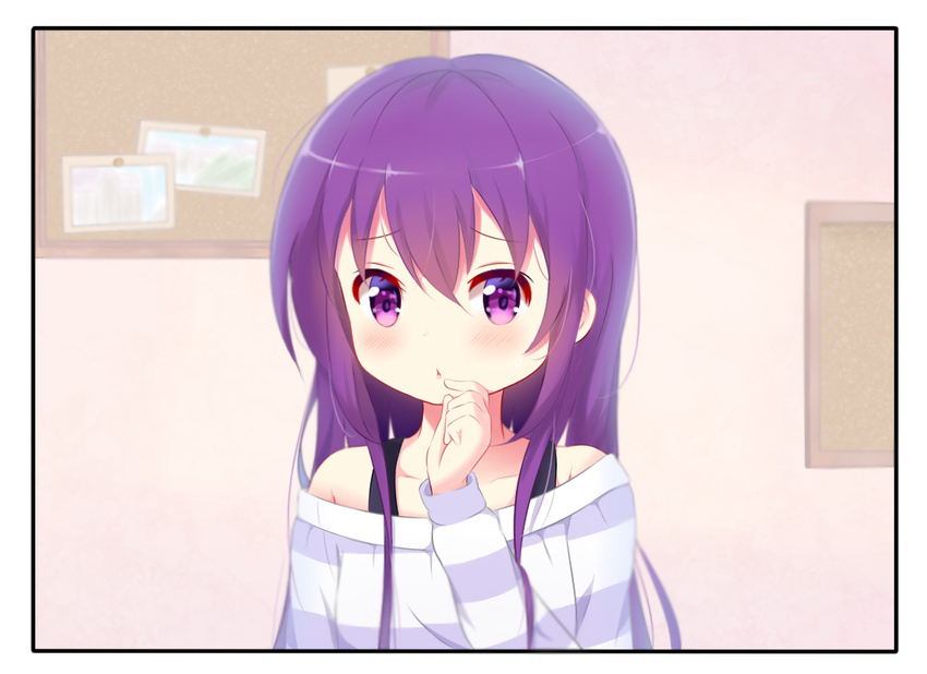 alternate_hairstyle bare_shoulders blush deyui eyebrows_visible_through_hair gochuumon_wa_usagi_desu_ka? long_hair long_sleeves looking_at_viewer parted_lips purple_eyes purple_hair solo tedeza_rize upper_body