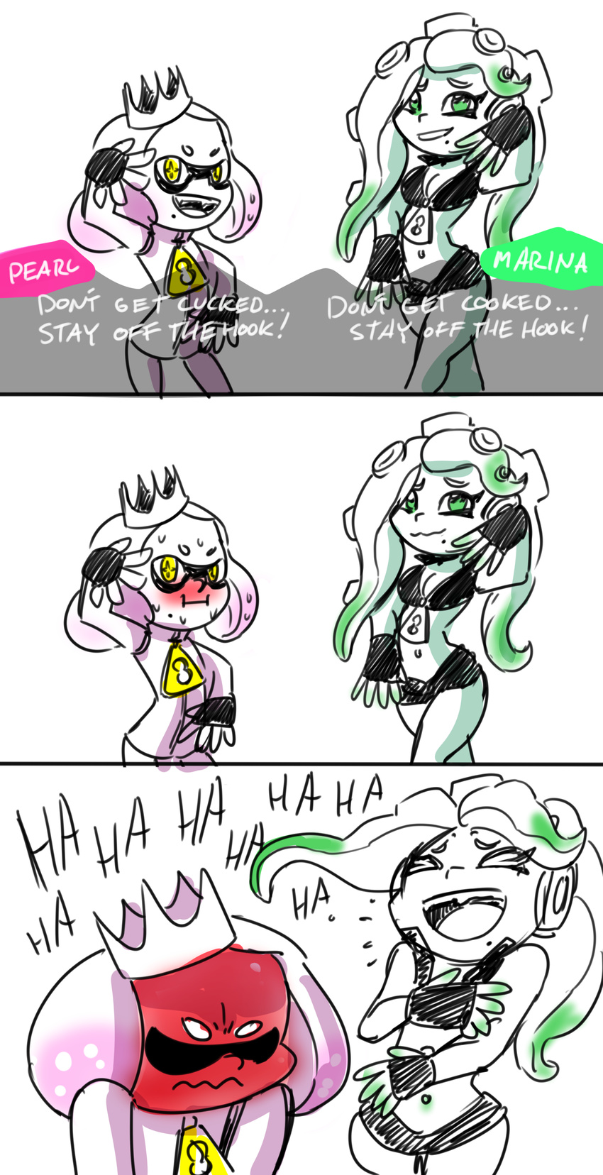 anaugi beauty_mark blush breasts clothing comic crown dialogue duo embarrassed english_text eyelashes eyes_closed female fingerless_gloves gloves green_eyes inkling laugh marina_(splatoon) midriff navel nintendo octoling pearl_(splatoon) splatoon sweat tentacle_hair tentacles text video_games yellow_eyes