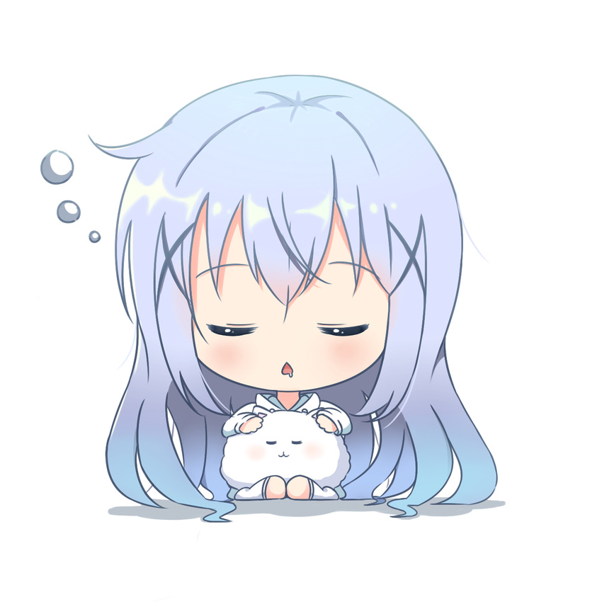 blue_hair blush bubble chestnut_mouth chibi closed_eyes deyui eyebrows_visible_through_hair gochuumon_wa_usagi_desu_ka? hair_ornament highres hood hoodie kafuu_chino kneehighs long_hair saliva sitting tippy_(gochiusa) triangle_mouth wariza white_legwear wings x_hair_ornament