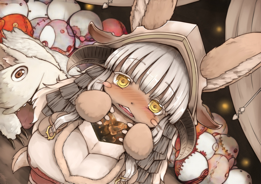 animal_ears blush creature ears_through_headwear furry highres hitonoma_(hito_noma) long_hair made_in_abyss mitty_(made_in_abyss) nanachi_(made_in_abyss) paws solo white_hair yellow_eyes