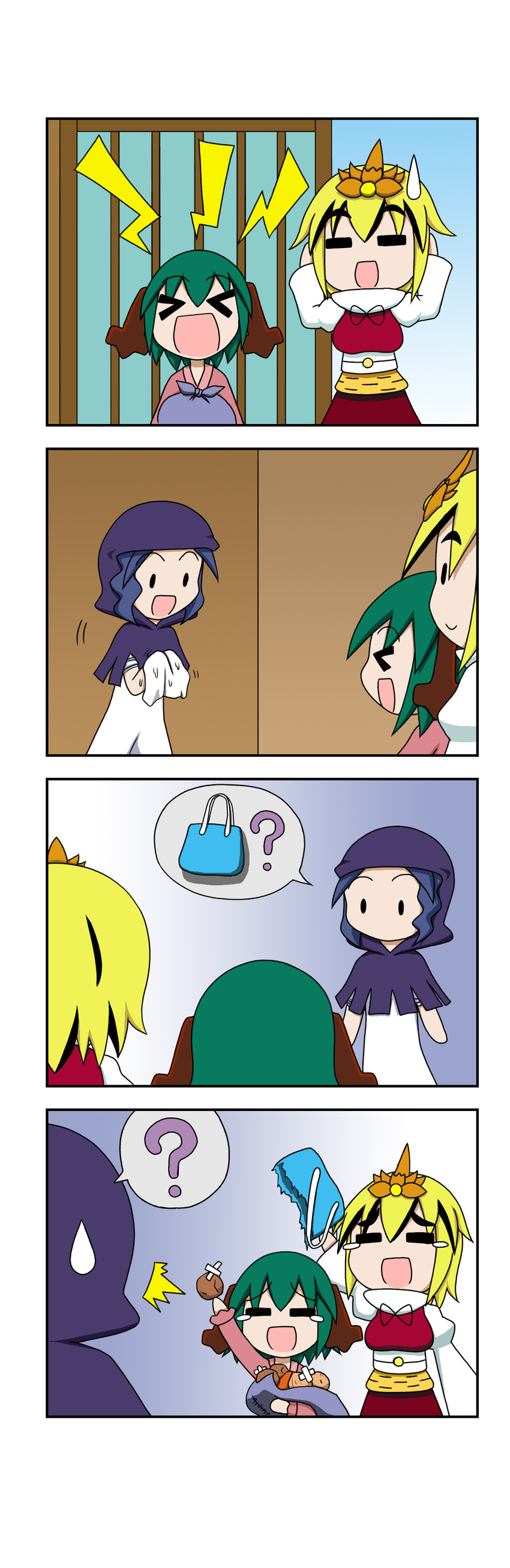 &gt;_&lt; 4koma :d ? absurdres carrot closed_eyes comic highres kasodani_kyouko kumoi_ichirin multiple_girls onion open_mouth potato rakugaki-biyori silent_comic smile sweatdrop toramaru_shou touhou xd