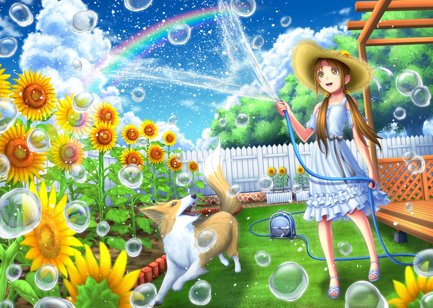 animal ash_(bgash0207) backyard blush brown_eyes brown_hair bubble cloud day detached_sleeves dog dress fence flower garden hair_flower hair_ornament hair_over_shoulder hat hose hose_reel long_hair looking_away looking_up md5_mismatch no_socks open_mouth original outdoors picket_fence porch rainbow sandals sash sleeveless sleeveless_dress smile spraying standing straw_hat sundress sunflower sunflower_hair_ornament teeth trellis twintails water water_drop white_dress wooden_fence