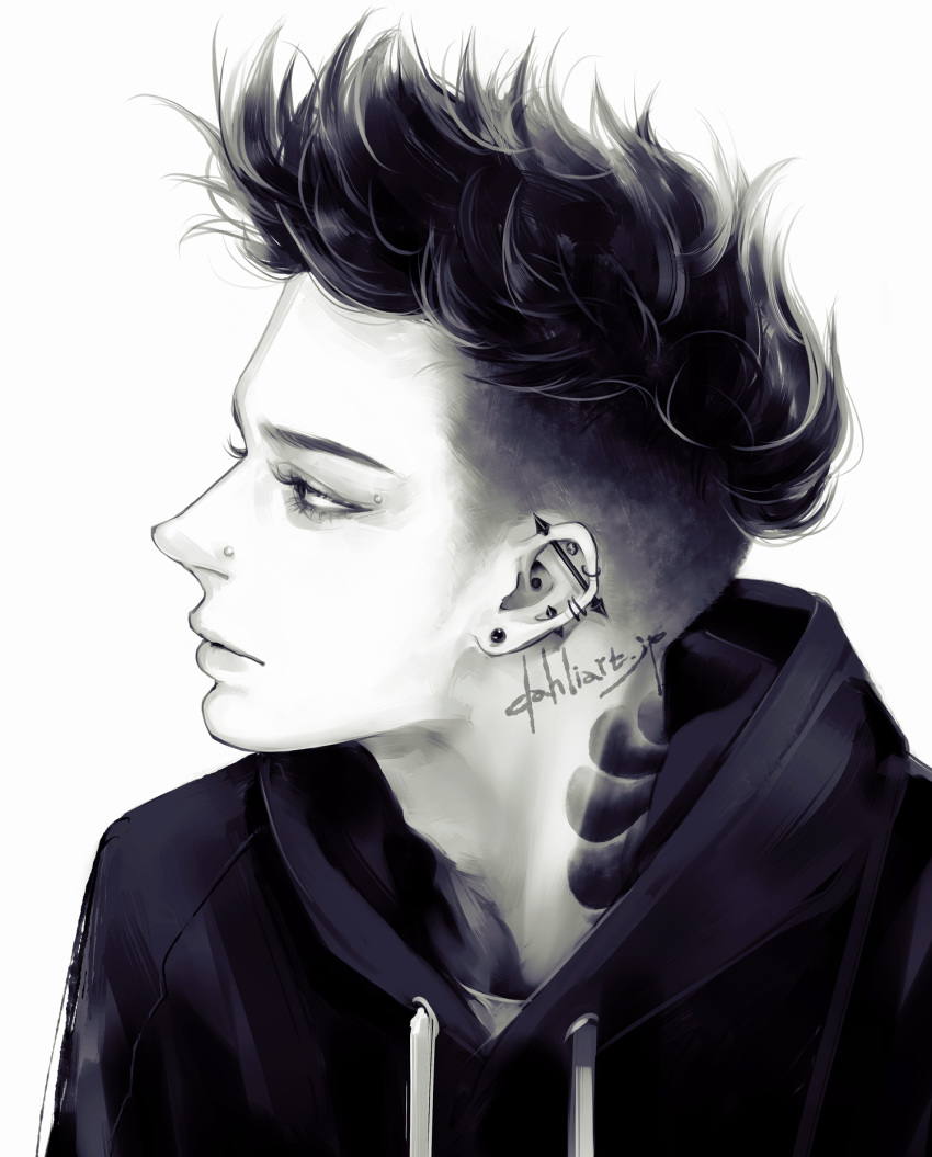 1boy artist_name closed_mouth commentary_request drawstring earrings eye_piercing eyelashes greyscale highres hood hooded_jacket jacket jewelry lips looking_to_the_side male_focus monochrome neck_tattoo nose_piercing original piercing profile solo spiked_hair stud_earrings takenaka tattoo upper_body watermark web_address