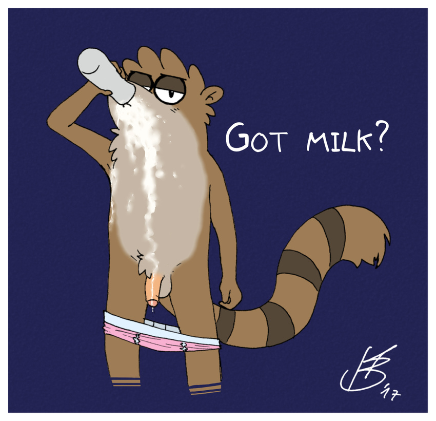 anthro balls cartoon_network clothing drinking male mammal milk penis raccoon regular_show rigby_(regular_show) solo sweaciabic underwear underwear_down