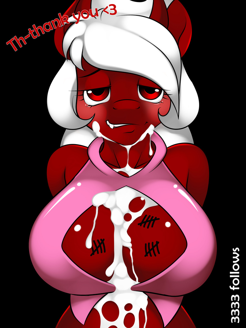&lt;3 2013 absurd_res anthro better_version_at_source big_breasts black_background blush body_writing breasts chilly_pepper cleavage cleavage_cutout clothed clothing cum cum_on_breasts cum_on_chin cum_on_face dialogue digital_media_(artwork) dragon dripping english_text equine fan_character fangs female front_view grin hair half-closed_eyes half-length_portrait hands_behind_back hi_res horn horse hybrid kloudmutt looking_at_viewer looking_pleasured mammal messy my_little_pony pink_topwear pony portrait red_eyes red_skin scalie sharp_teeth shirt simple_background smile solo tally_marks teeth text white_hair