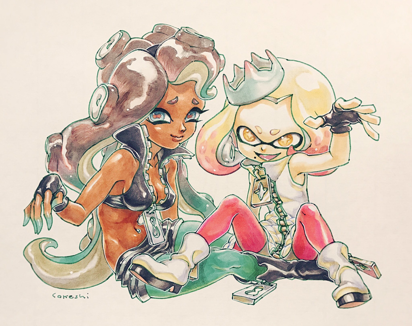 2girls :d aqua_eyes aqua_hair artist_name bare_shoulders boots breasts cephalopod_eyes cleavage cokeshi crop_top crown dark_skin dress fingerless_gloves full_body gloves highres hime_(splatoon) iida_(splatoon) long_hair medium_breasts mole mole_under_mouth multicolored_hair multiple_girls navel_piercing octarian open_mouth pantyhose piercing pink_hair purple_hair short_eyebrows short_hair sideboob simple_background sitting sleeveless sleeveless_dress smile splatoon_(series) splatoon_2 spread_legs symbol-shaped_pupils tentacle_hair two-tone_hair white_background white_hair yellow_eyes zipper zipper_pull_tab