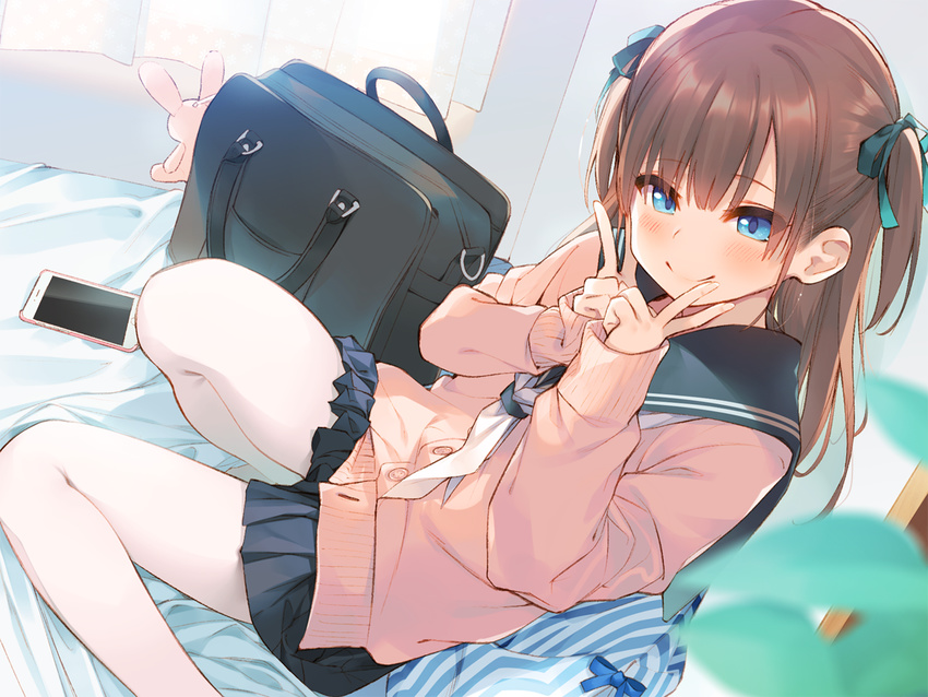aihara_shouta bag bangs bed_sheet blue_eyes blue_skirt blurry blush brown_hair buttons cellphone closed_mouth commentary_request curtains depth_of_field double_v eyebrows_visible_through_hair hair_ribbon indoors long_hair looking_at_viewer neckerchief on_bed original pantyhose phone pink_sweater plant pleated_skirt ribbon sailor_collar school_uniform sitting skirt smartphone smile solo stuffed_animal stuffed_bunny stuffed_toy sweater two_side_up v white_legwear white_neckwear