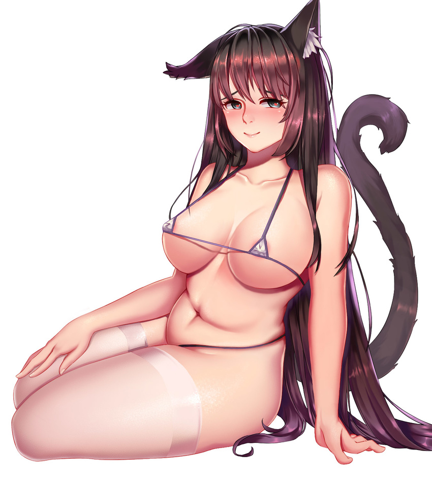 4_am animal_ears areola_slip areolae arm_at_side arm_support bangs bare_arms bare_shoulders bikini breasts breasts_apart brown_hair cat_ears cat_girl cat_tail closed_mouth collarbone commentary_request covered_nipples eyelashes fingernails groin hand_on_lap heart heart-shaped_pupils highres large_breasts long_hair looking_at_viewer micro_bikini midriff navel nose original pink_lips simple_background sitting skindentation smile solo stomach strap_gap string_bikini swimsuit symbol-shaped_pupils tail thighhighs very_long_hair white_background white_legwear yokozuwari