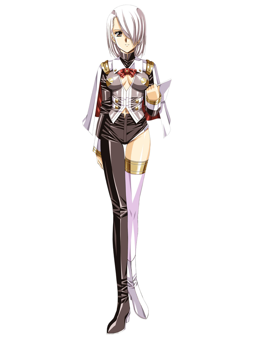 absurdres asymmetrical_legwear boots breasts cape clipboard detached_sleeves earrings full_body gloves growlanser growlanser_iv hair_over_one_eye highres holding jewelry long_sleeves medium_breasts mell navel short_hair smile standing sydney_(growlanser) thigh_boots thighhighs urushihara_satoshi white_hair