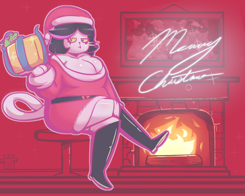 2018 anthro big_breasts black_hair boots breasts cat catti_(deltarune) christmas cleavage clothed clothing costume deltarune digital_media_(artwork) duo english_text eyeshadow eyewear feline female fire fireplace footwear fully_clothed fur hair hat holidays inside jockington_(deltarune) legwear lipstick looking_at_viewer makeup male mammal multicolored_hair reptile santa_hat scalie sitting smile snake sunglasses sweater_pups_(artist) text thick_thighs thigh_highs two_tone_hair video_games voluptuous white_fur wide_hips yellow_sclera