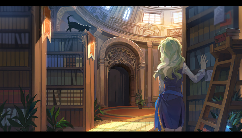 absurdres animal arch banner black_cat blonde_hair blue_dress book_stack bookshelf cat diana_cavendish dome dress facing_away from_behind hand_up highres indoors ladder letterboxed library little_witch_academia long_hair luna_nova_school_uniform plant potted_plant rug sansan_jun sash shirt sleeveless sleeveless_dress solo standing sunlight white_shirt wooden_floor