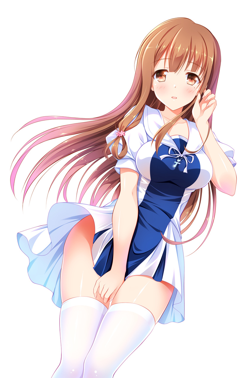bashen_chenyue blush brown_eyes brown_hair collarbone commentary_request dress dutch_angle eyebrows_visible_through_hair floating_hair fujinomiya_neko hair_ornament highres long_hair looking_at_viewer masamune-kun_no_revenge no_panties parted_lips shiny shiny_skin short_dress simple_background solo thighhighs very_long_hair white_background white_legwear