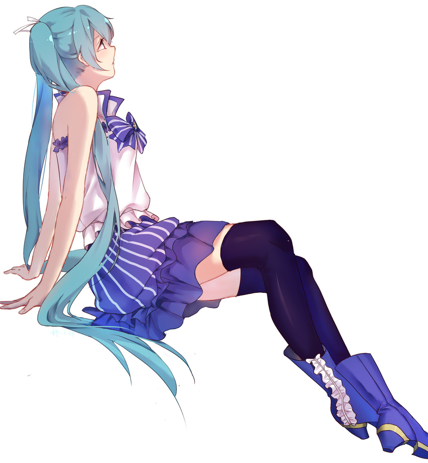 absurdres aqua_eyes aqua_hair arm_support bare_shoulders black_legwear blue_footwear blue_skirt boots bow frilled_boots frills from_side hatsune_miku highres invisible_chair long_hair sisi_(pixiv18753872) sitting skirt solo thighhighs twintails very_long_hair vocaloid white_background zettai_ryouiki
