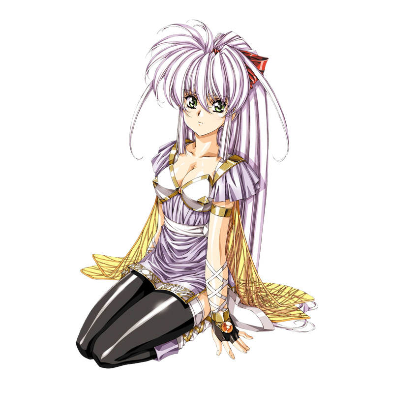 absurdres armlet armor bangs black_legwear boots bow breastplate breasts cape cleavage collarbone dress eyebrows_visible_through_hair fingerless_gloves gloves green_eyes growlanser growlanser_iv growlanser_iv:_over_reloaded hair_bow highres lavender_hair long_hair looking_at_viewer medium_breasts official_art short_dress short_sleeves sitting solo transparent_background tsukaima_d-ln_kata urushihara_satoshi
