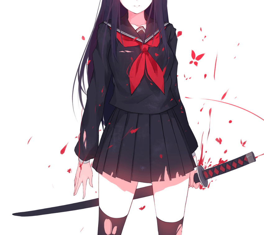 black_blouse black_footwear black_hair black_legwear black_sailor_collar black_serafuku black_skirt blood blood_splatter blouse caidychen closed_mouth commentary head_out_of_frame holding holding_sword holding_weapon katana long_hair long_sleeves neckerchief original pleated_skirt purple_hair red_neckwear sailor_collar school_uniform serafuku shirt shoes simple_background skirt smile solo standing sword thighhighs torn_clothes torn_legwear torn_shirt torn_skirt weapon white_background