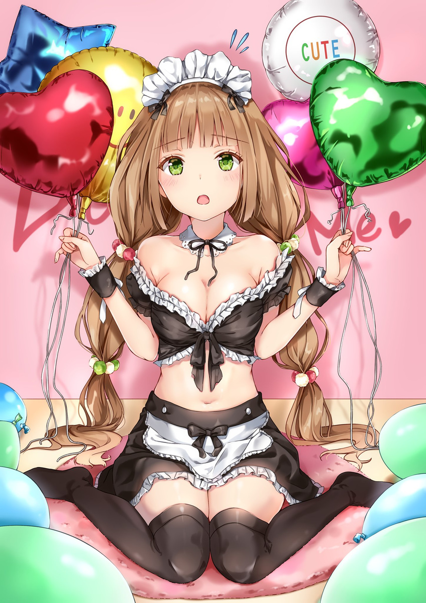 apron balloon bangs bare_shoulders black_bow black_legwear black_ribbon black_skirt blunt_bangs blush bow breasts brown_hair cleavage clenched_hands collar collarbone crop_top english eyebrows_visible_through_hair fingernails flying_sweatdrops frilled_cuffs frilled_skirt frills front-tie_top full_body green_eyes hair_ornament hair_scrunchie heart heart_balloon highres holding holding_balloon long_hair looking_at_viewer low_twintails maid maid_apron medium_breasts midriff navel no_shoes off_shoulder on_floor original ribbon scrunchie skirt twintails yoshida_iyo