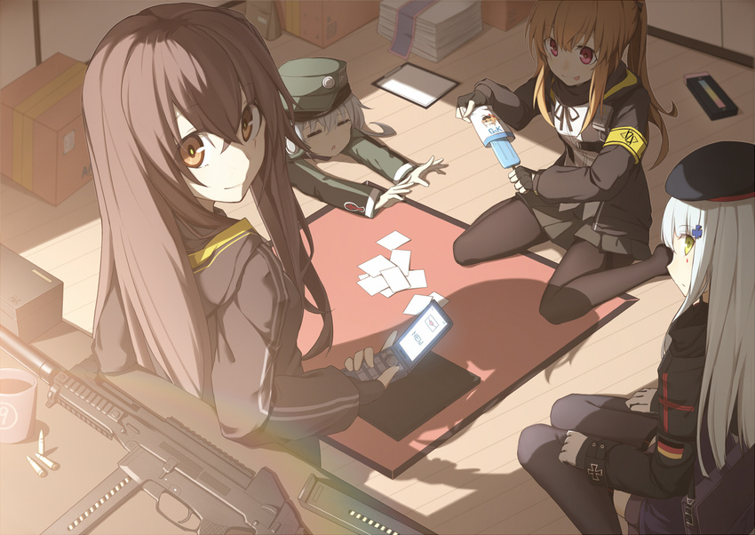 4girls :p =_= beret black_legwear brown_eyes brown_hair bullet cartridge cellphone closed_eyes coffee cup food g11_(girls_frontline) german_flag girls_frontline gun h&amp;k_ump hair_ornament hat heckler_&amp;_koch hk416_(girls_frontline) long_hair looking_at_viewer looking_back lying mag_(mag42) magazine_(weapon) mug multiple_girls on_stomach pantyhose phone pink_eyes ponytail popsicle shadow sitting smile submachine_gun tongue tongue_out ump45_(girls_frontline) ump9_(girls_frontline) wariza weapon white_hair yellow_eyes