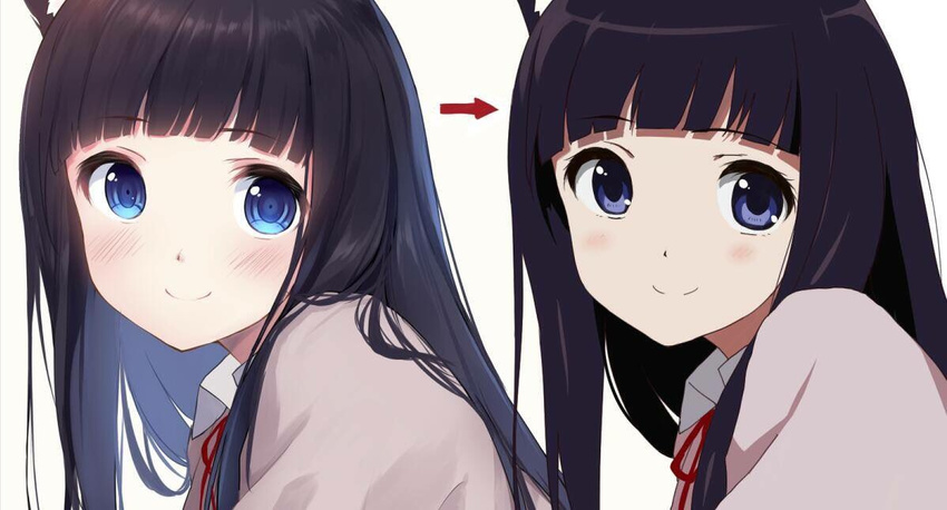 animal_ears black_hair blue_eyes blush caidychen cat_ears closed_mouth commentary comparison directional_arrow long_hair looking_at_viewer multiple_views neck_ribbon original red_ribbon ribbon simple_background smile upper_body white_background wing_collar
