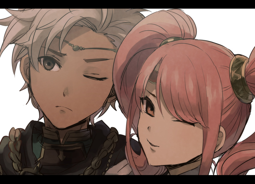 1girl boey_(fire_emblem) brown_eyes circlet dark_skin fire_emblem fire_emblem_echoes:_mou_hitori_no_eiyuuou fire_emblem_heroes highres kometubu0712 long_hair mae_(fire_emblem) one_eye_closed open_mouth pink_hair portrait simple_background twintails white_background white_hair