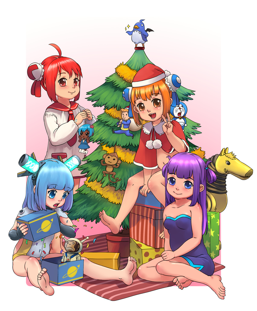 4girls artist_request bangs barefoot blue_hair blunt_bangs character_request christmas christmas_tree copyright_request doraemon fallout feet gift_box long_hair looking_at_viewer monkey multiple_girls navel no_shoes orange_hair present purple_hair red_hair short_hair smile soles toes v