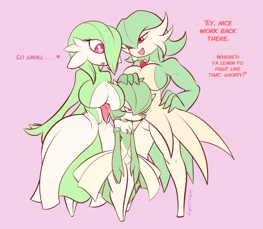 &lt;3 &lt;3_eyes 2018 annoyed athletic big_breasts breast_size_difference breasts dialogue featureless_crotch female gardevoir group hair hi_res humanoid nintendo open_mouth pink_eyes pok&eacute;mon pok&eacute;mon_(species) short_hair simple_background size_difference smile standing surprise video_games zedrin