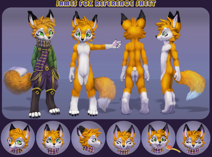 2017 anthro butt canine clothed clothing digital_media_(artwork) fox fur green_eyes hair james_fox jamesfox jamesfoxbr lineless lineless_art male mammal noble nude open_mouth scarf simple_background smile solo standing teeth tongue young