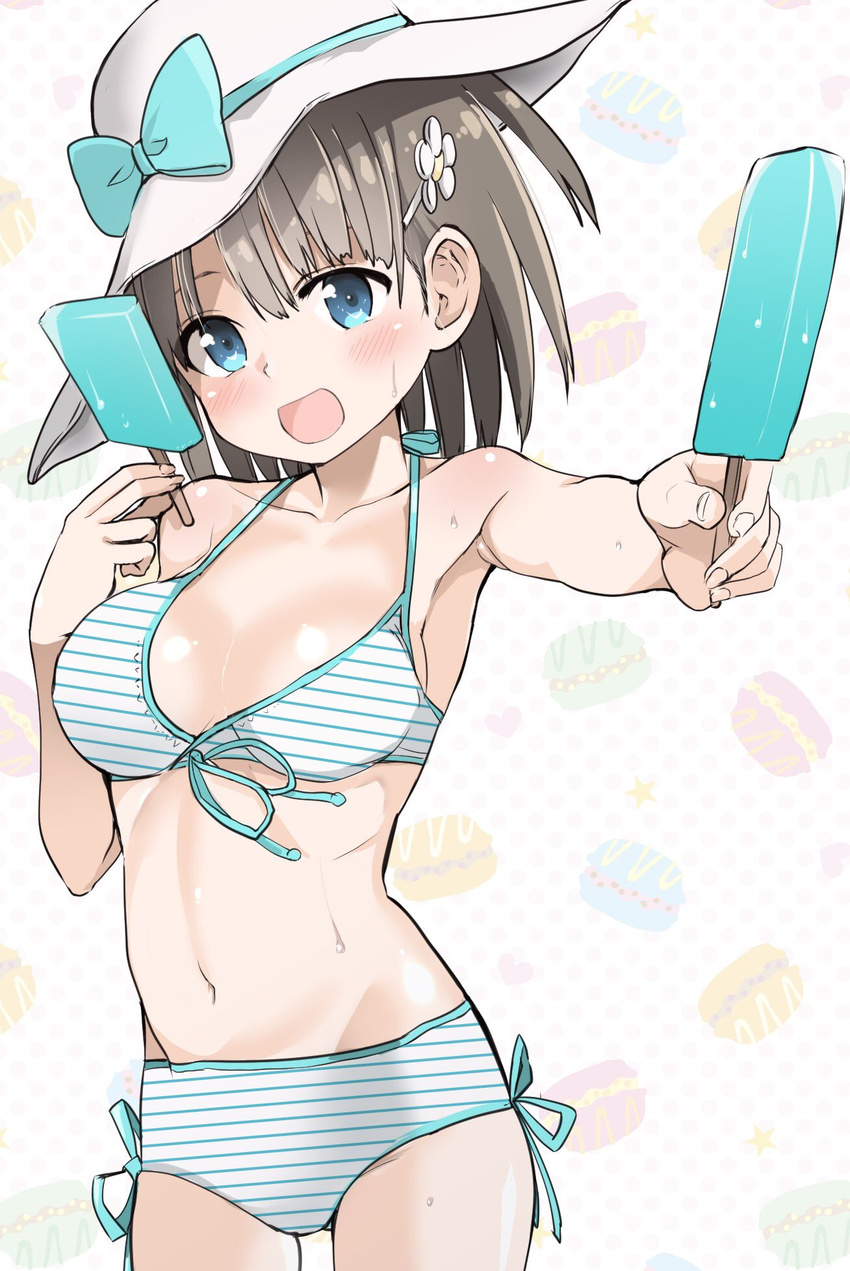 :d amae-chan bad_anatomy bare_shoulders bikini blue_eyes blush bow child chiruto collarbone commentary_request cowboy_shot food foreshortening giving hat hat_bow highres holding holding_food looking_at_viewer navel open_mouth popsicle reaching_out short_hair smile solo striped striped_bikini swimsuit tottemo_yasashii_amae-chan!