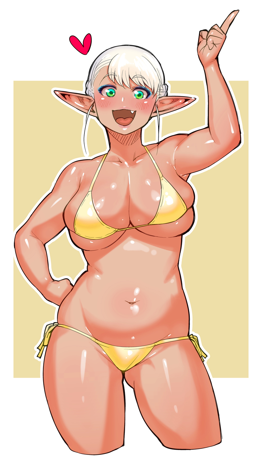 arm_up bare_shoulders belly bikini blonde_hair breasts collarbone commentary_request elf elf-san_wa_yaserarenai. erufuda-san fang green_eyes hand_on_hip heart highres huge_breasts looking_at_viewer navel palette_swap plump pointing pointing_up pointy_ears skindentation smile solo swimsuit synecdoche tan thick_thighs thighs yellow_bikini