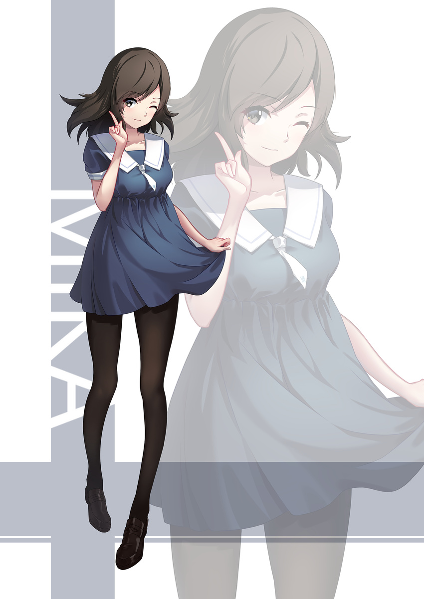 absurdres black_eyes black_footwear black_hair black_legwear blush character_name eyebrows_visible_through_hair full_body gh_(chen_ghh) girls_und_panzer highres index_finger_raised looking_at_viewer mika_(girls_und_panzer) necktie one_eye_closed pantyhose shoes short_hair smile solo white_neckwear