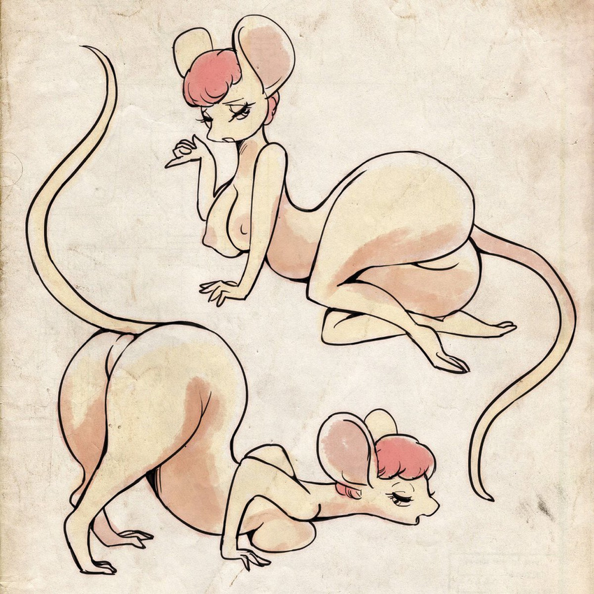 anthro ass_up bedroom_eyes big_breasts breast_squish breasts butt digitigrade ears_back eyelashes female hair half-closed_eyes humanoid_hands long_tail mammal melonleaf mouse mouse_tail multiple_poses nipples nude open_mouth osamu_tezuka pinup pose raised_tail rodent seductive short_hair tagme