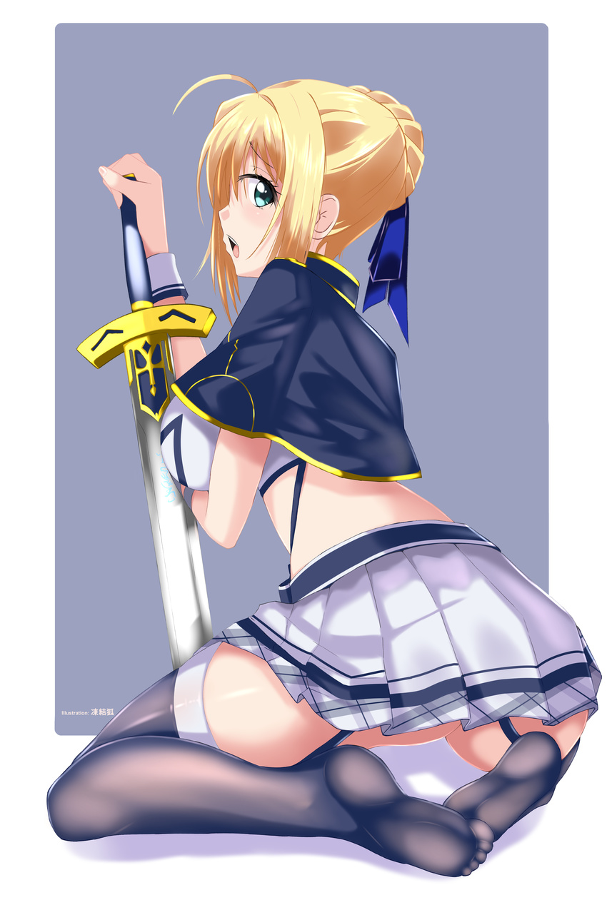 absurdres alzano_school_uniform artoria_pendragon_(all) black_legwear blonde_hair braid breasts commentary_request cosplay excalibur fate/stay_night fate_(series) feet french_braid from_behind green_eyes hand_on_sword highres incro300 looking_at_viewer looking_back medium_breasts no_shoes rokudenashi_majutsu_koushi_to_akashic_record saber school_uniform sitting soles solo thighhighs wariza