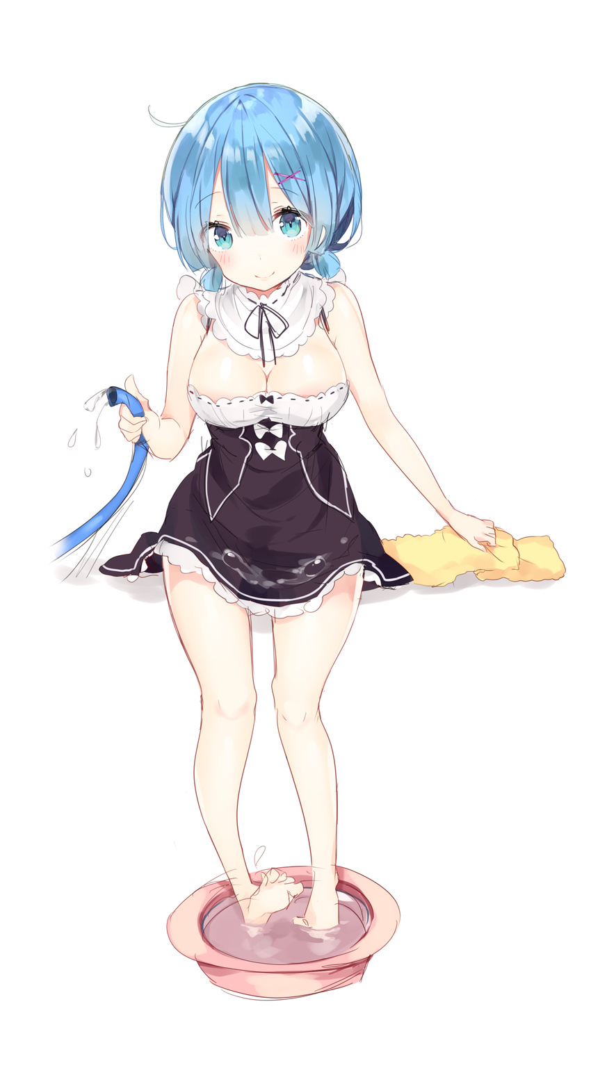 absurdres ahoge alternate_hairstyle bad_feet bad_id bad_pixiv_id bare_arms bare_legs barefoot blue_eyes blue_hair blush bow breasts cleavage container detached_collar dress full_body hair_between_eyes hair_ornament highres holding_hose hose large_breasts looking_at_viewer maid ongyageum re:zero_kara_hajimeru_isekai_seikatsu rem_(re:zero) short_hair simple_background sketch smile soaking_feet solo towel water wet wet_clothes white_background white_bow x_hair_ornament yellow_towel