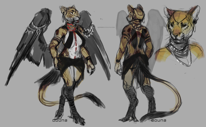 anthro avian breasts clothed clothing feathered_wings feathers female multiple_images non-mammal_breasts oouna sketch solo standing wings