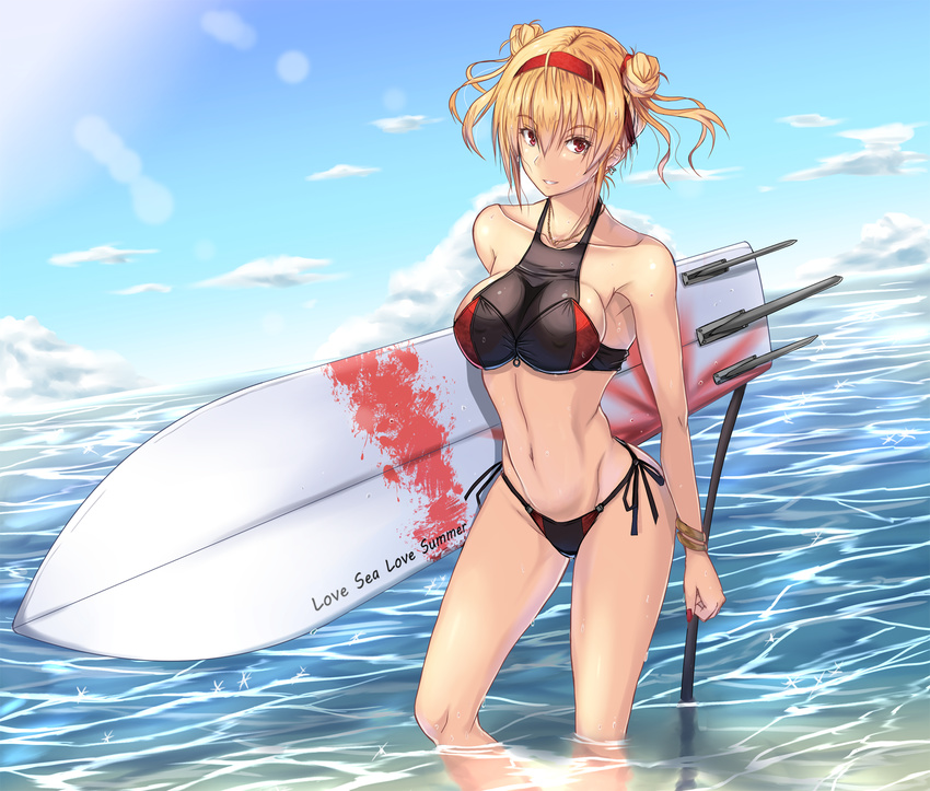 blonde_hair cloud covered_nipples day hairband highres looking_to_the_side luna_(gunfire) navel original panties purple_eyes red_eyes red_hairband see-through side-tie_panties sky solo swimsuit underwear wading wet