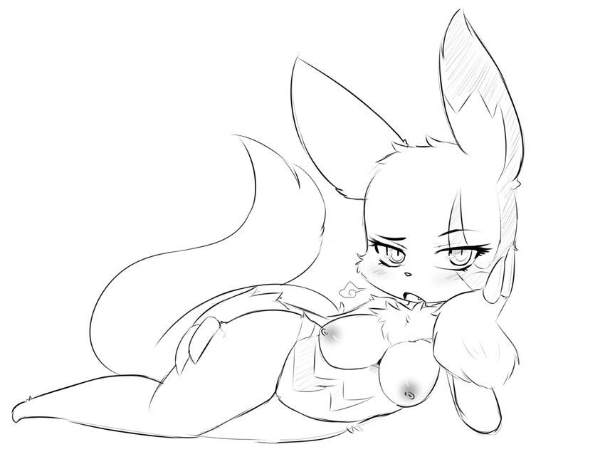 anthro blush breasts claws fangs female fluffy fluffy_tail hand_on_hip hearlesssoul lying monochrome nintendo pok&eacute;mon pussy sigh simple_background solo video_games white_background wide_hips zangoose