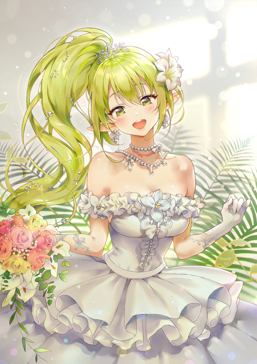 absurdres bangs bare_shoulders blush breasts cleavage diadem dress earrings elsword flower gloves green_eyes green_hair hair_flower hair_ornament happy head_tilt highres jewelry large_breasts lily_(flower) long_hair looking_at_viewer necklace pointy_ears ponytail rena_(elsword) rose signature smile standing tanjel wedding_dress white_dress white_gloves wind_sneaker_(elsword)