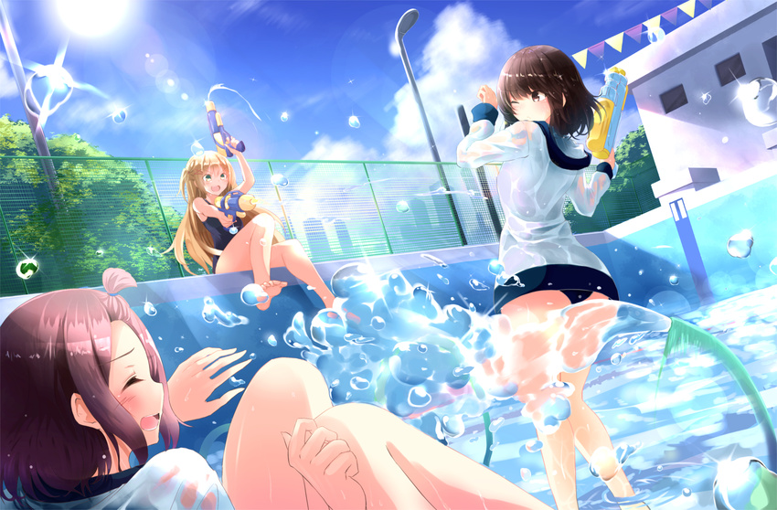 absurdres blonde_hair blush brown_hair closed_eyes facing_another fuu_(fuore) green_eyes gun highres holding holding_gun holding_weapon hose long_hair looking_at_another multiple_girls one_eye_closed open_mouth original pool short_hair smile water water_gun weapon