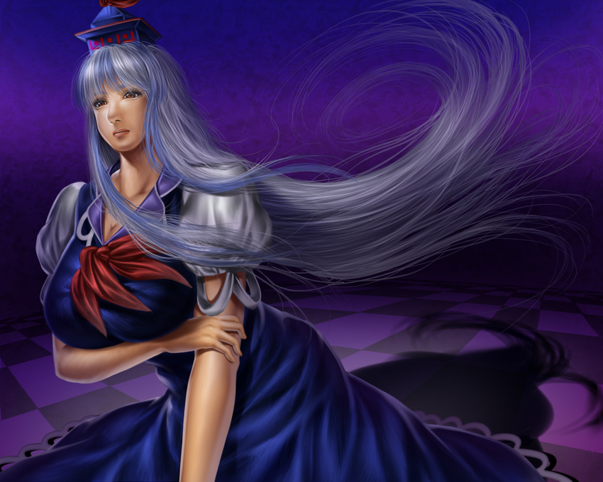 bangs blue_dress blue_hair breasts cleavage collarbone dress eyelashes gradient gradient_background hand_on_own_arm hat hips huge_breasts kamishirasawa_keine layered_dress leaning_forward lips long_hair mayuma_yumeko multicolored_hair neck nose puffy_short_sleeves puffy_sleeves purple_background realistic red_eyes ribbon shadow shiny shiny_skin short_sleeves sidelocks sleeveless sleeveless_dress solo tile_floor tiles touhou two-tone_hair very_long_hair white_dress white_hair wind