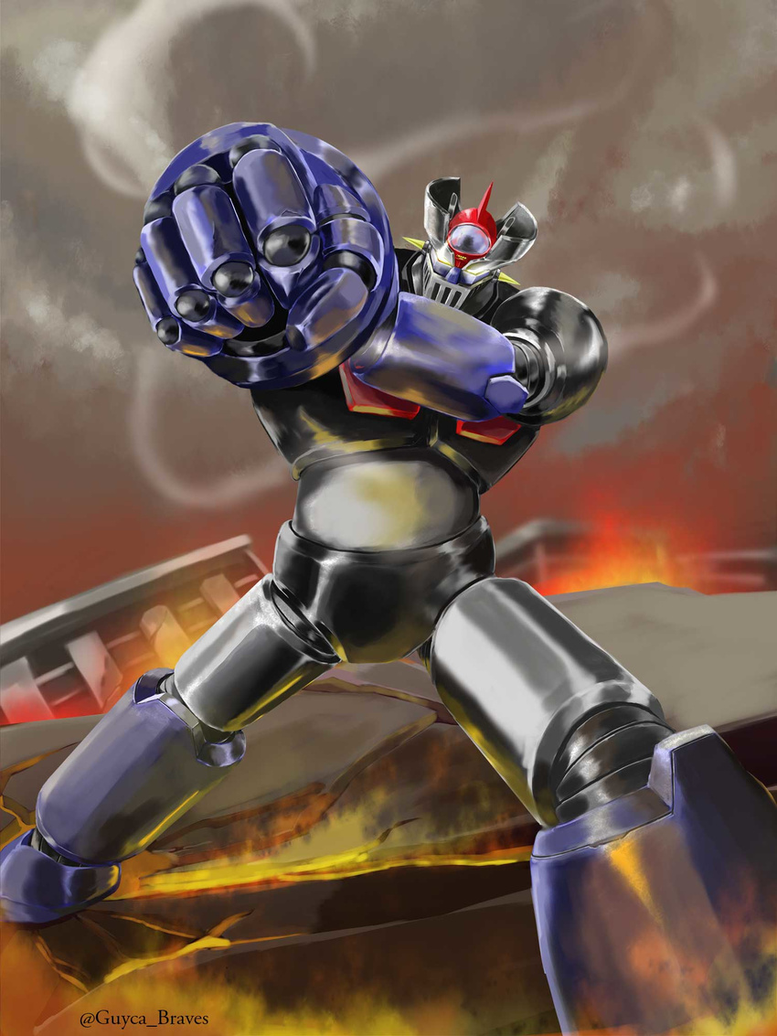 aiming_at_viewer building burning clenched_hand collapsed commentary_request epic fire glowing glowing_eyes guyca_braves highres mazinger_z mazinger_z_(mecha) mecha oldschool realistic rocket_punch ruins science_fiction signature smoke super_robot
