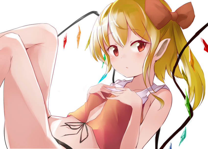 bangs bare_legs black_panties black_ribbon blonde_hair bobu_(bovyo222) breasts flandre_scarlet hair_ribbon legs_up long_hair looking_at_viewer panties reclining red_eyes red_ribbon ribbon simple_background small_breasts solo touhou underwear white_background wings