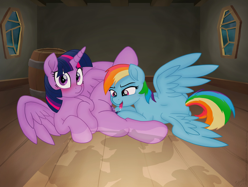 2017 absurd_res blush equine feathered_wings feathers female female/female feral friendship_is_magic hair hi_res hooves horn inside looking_at_viewer mammal multicolored_hair my_little_pony oral pegasus rainbow_dash_(mlp) rainbow_hair selenophile tongue tongue_out twilight_sparkle_(mlp) winged_unicorn wings