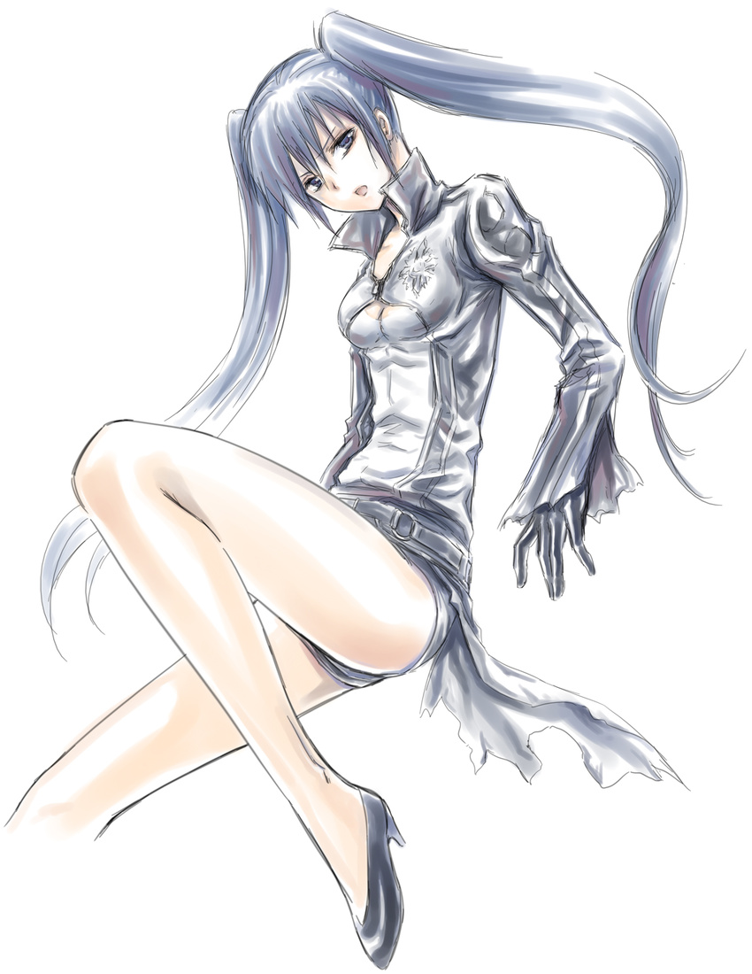 black_eyes black_gloves black_shorts blue_hair collarbone d.gray-man floating_hair gloves hair_between_eyes high_heels highres lenalee_lee long_hair looking_at_viewer open_mouth shirt short_shorts shorts simple_background sketch solo twintails uonuma_yuu very_long_hair white_background white_shirt