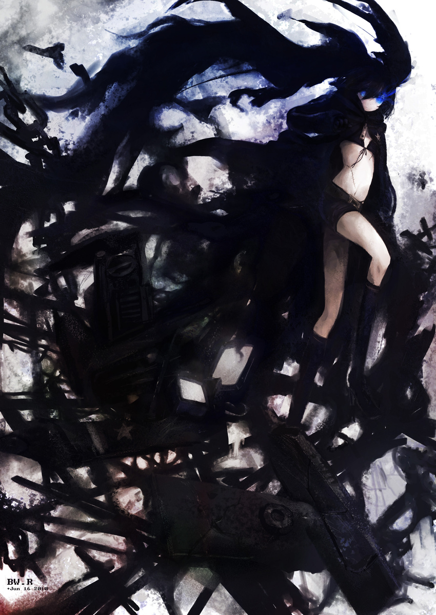 2010 absurdly_long_hair absurdres artist_name belt black_bikini_top black_coat black_footwear black_hair black_rock_shooter black_rock_shooter_(character) black_shorts blue_eyes boots bow burning_eye bwrose dated floating_hair front-tie_top full_body hair_bow highres knee_boots long_hair looking_at_viewer midriff short_shorts shorts solo standing star star_print stomach twintails very_long_hair