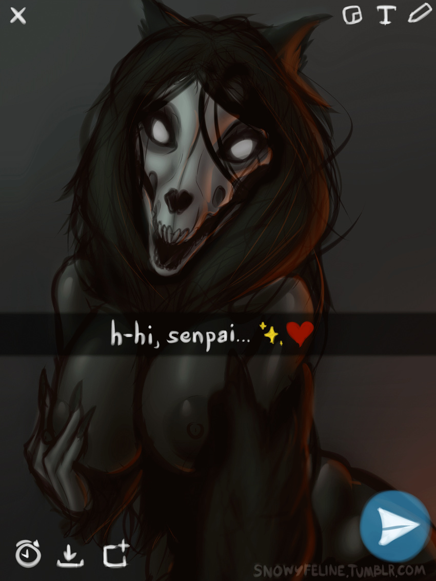 &lt;3 anthro big_breasts black_skin breasts canine claws dog empty_eyes female grey_background hair hi_res looking_at_viewer mammal monster nipples nude scp-1471 scp_foundation selfie simple_background skull snowyfeline solo sparkle telegram