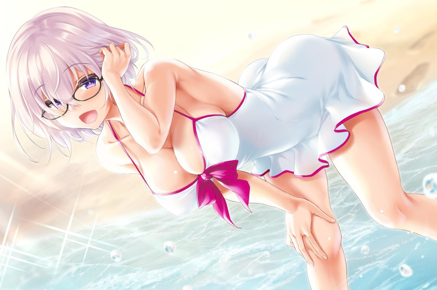 :d arm_up ass beach black-framed_eyewear breasts bright_pupils casual_one-piece_swimsuit cleavage day dutch_angle eyebrows_visible_through_hair fate/grand_order fate_(series) glasses hair_tucking hand_on_own_knee kure_masahiro large_breasts looking_at_viewer mash_kyrielight one-piece_swimsuit open_mouth outdoors purple_eyes purple_hair see-through_silhouette short_hair smile solo sparkle strap_gap sunlight swimsuit swimsuit_of_perpetual_summer white_pupils white_swimsuit